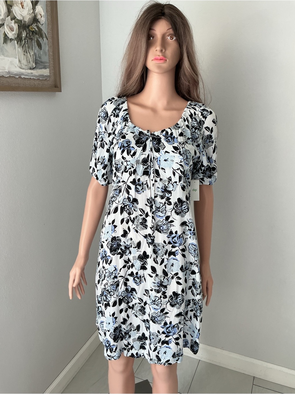 dip White Dress with Blue & Black Floral Print - Picture 2 of 11
